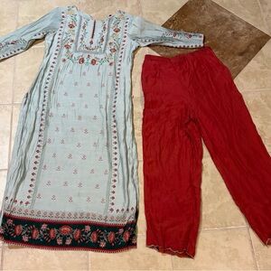 Floral Embroidered Kurta with Red Pants